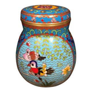 Vintage Chinese Cloisonné Enamel Cricket Jar With Mandarin Ducks and Lotus Motif For Sale