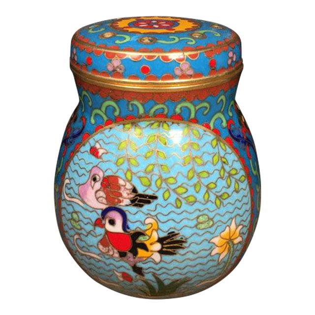 Vintage Chinese Cloisonné Enamel Cricket Jar With Mandarin Ducks and Lotus Motif For Sale