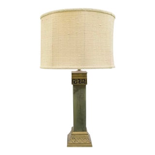 Vintage Greek Key Geometric Brass Table Lamp With Linen Shade For Sale