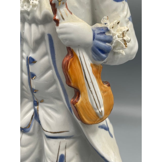 Ceramic Vintage Italian Blue & White Porcelain Musical Figurines With Gold Accents, Pair For Sale - Image 7 of 8
