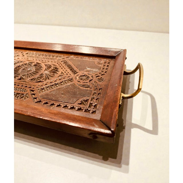 Antique Edwardian Hand-Carved Wooden Serving Tray with Brass Handles, England, 1890s For Sale - Image 5 of 15