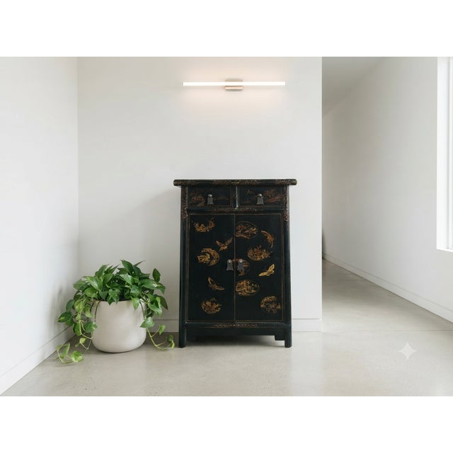 1990s Distressed Black Golden Floral Graphic Tall Side End Table Cabinet For Sale - Image 5 of 14