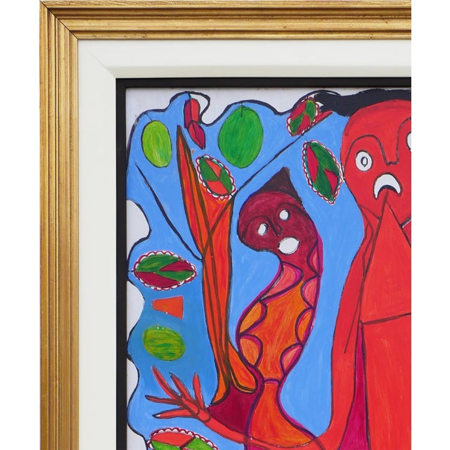 Richard Antilhomme Red & Blue Abstract Figurative Painting with Four Figures and Botanical Elements, Late 20th Century For Sale In Houston - Image 6 of 12