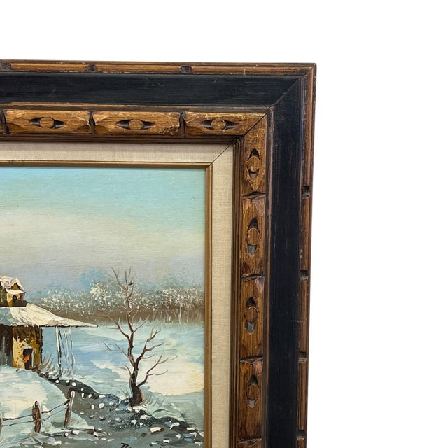 Vintage Signed Winter Landscape Oil Painting on Canvas in Hand-Carved Wood Frame, Rustic Snow Cabin Scene.. For Sale - Image 4 of 10