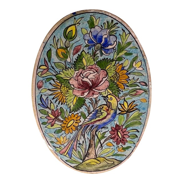Hand-Painted Persian Ceramic Tile - Unique Floral & Avian Motif For Sale