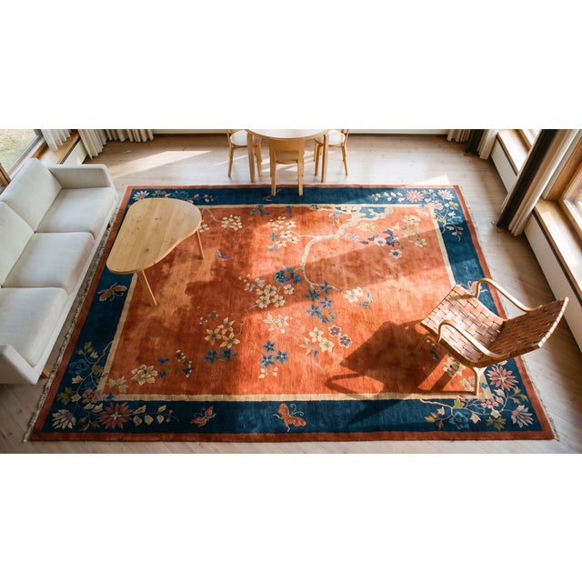 Red 1920s Red Blue Floral Antique Chinese Art Deco Rug 8'10" X 11'8" Handknotted Wool Carpet For Sale - Image 8 of 9