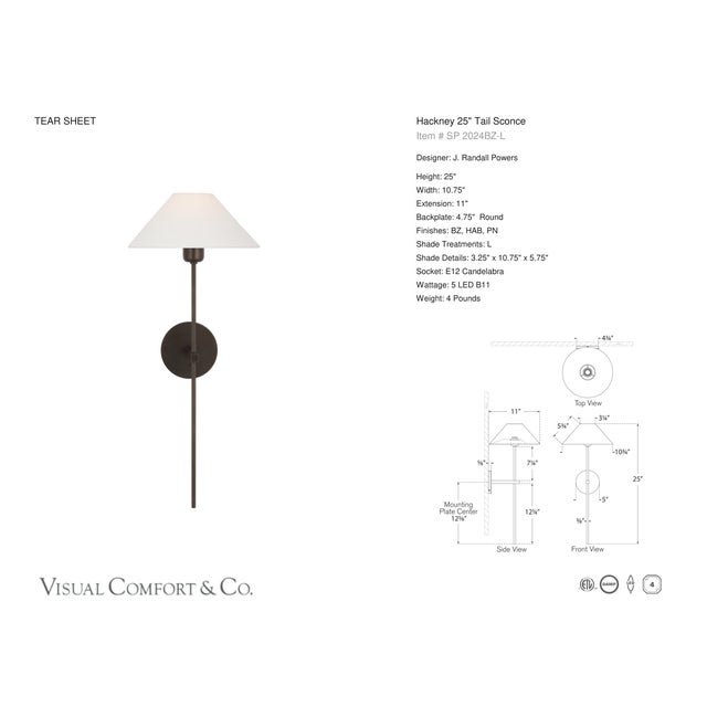 J. Randall Powers for Visual Comfort Signature Hackney 25" Tail Sconce in Bronze with Linen Shade For Sale In Houston - Image 6 of 7