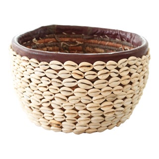 Antique African Shell & Leather Basket/Tribal Handmade For Sale