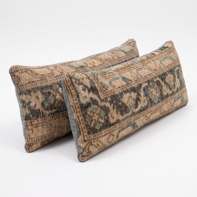 Mid-Century Modern Brown Oushak Rug Pillow Cover 12'' X 35'' - Set of Two For Sale - Image 3 of 4