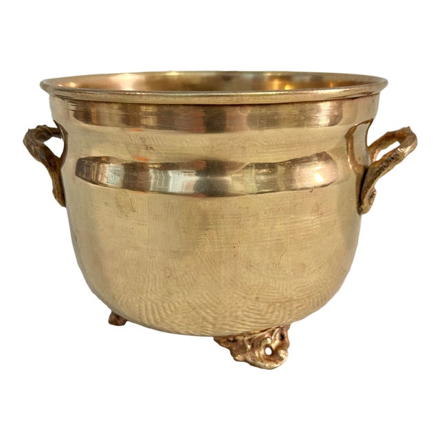 Vintage 5” Solid Brass Planter or Cache Pot With Handles and Feet For Sale