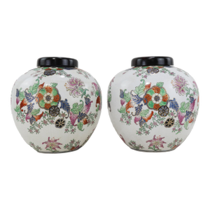 Early 20th Century Pair of Antique Chinese Famille Rose Porcelain Ginger Jars With Black Lids