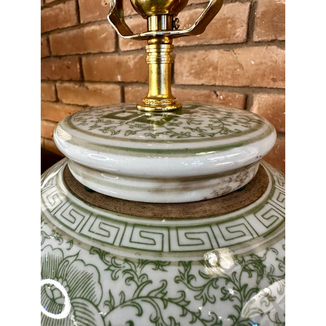 Pair of Celadon "Double Happiness" Ginger Jar Lamps and Linen Box Pleat Shades For Sale - Image 9 of 10