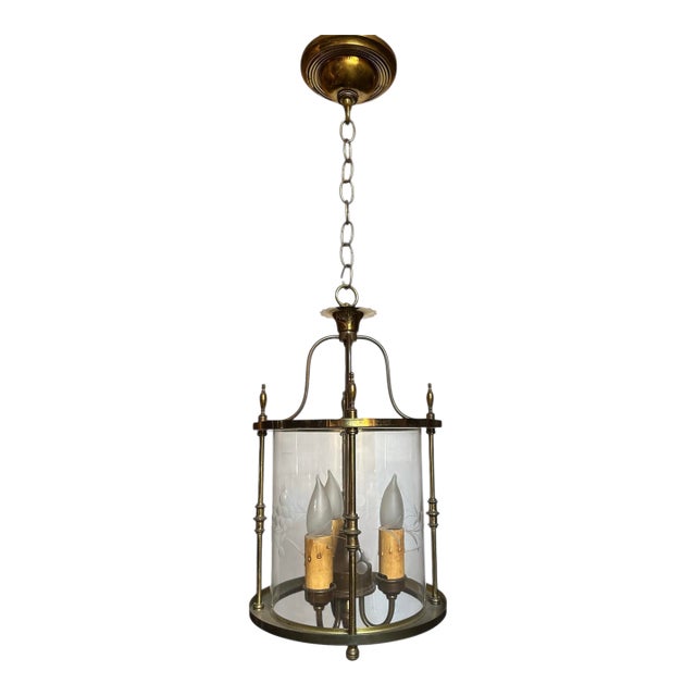 Mid 20th Century Brass Chandelier With Etched Glass For Sale
