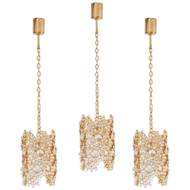 Gilded Brass and Crystal Glass Encrusted Pendant Lamp from Palwa, 1970s For Sale - Image 11 of 11