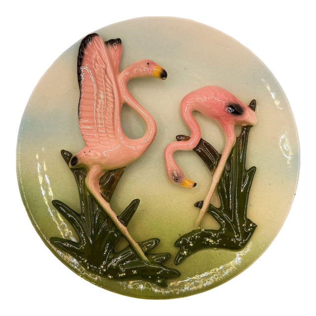 1950s Rare Mid-Century California Pottery Flamingo 3d Sculptural Round Wall Plate For Sale