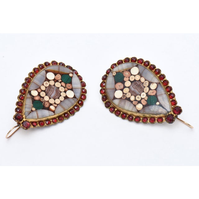 Mid-Century Modern Vintage Inlay Agate, Quartz, Garnets Pierced Dangle Earrings , 1950's Pair Of For Sale - Image 3 of 8