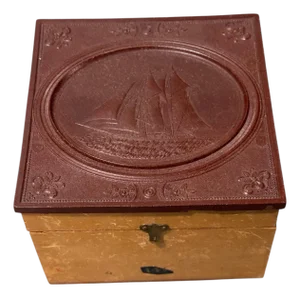 Antique Victorian Maple Collar Box With Scenic Trade Ship Gutta Percha Lid