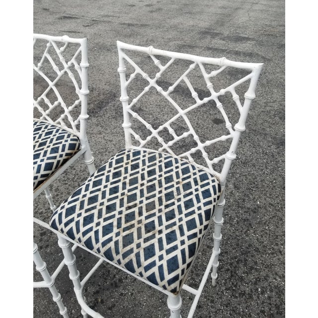 Vintage Chinese Chippendale Mid Century White Faux Bamboo Iron Bar Stools - a Pair For Sale - Image 4 of 10