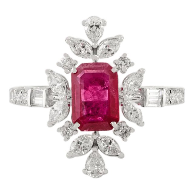 Vintage Revival Art Deco Ruby Diamond Cocktail Ring Size 5 in 18k Solid Gold For Sale