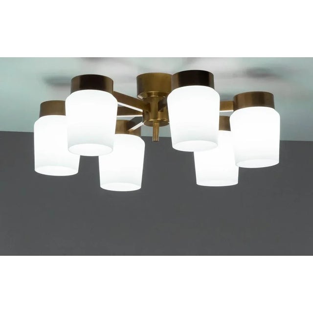Large Brass with Frosted Glass / Opaline Flush Mount attributed to Fagerhult, Sweden, 1960s For Sale - Image 6 of 6