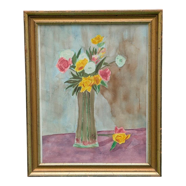 Vintage Original Still Life Botanical Bouquet of Flowers in a Vase Watercolor Painting Framed Measurements Including the...
