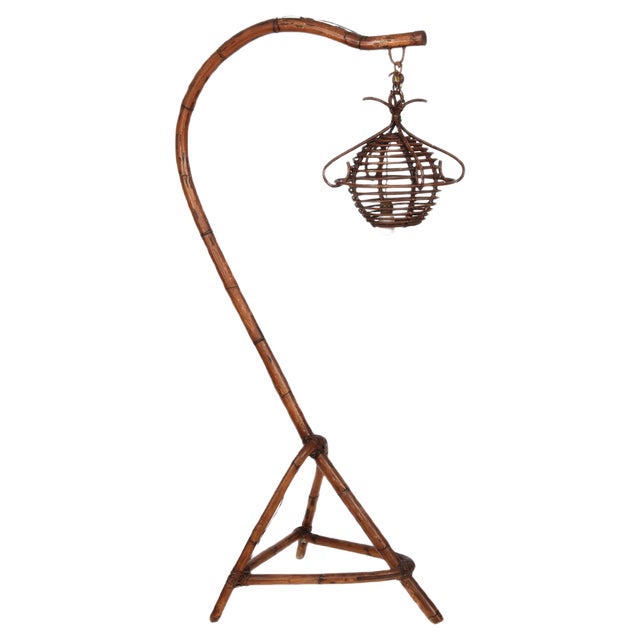 Mid-Century Italian Bamboo and Rattan Floor Lamp, 1950s For Sale