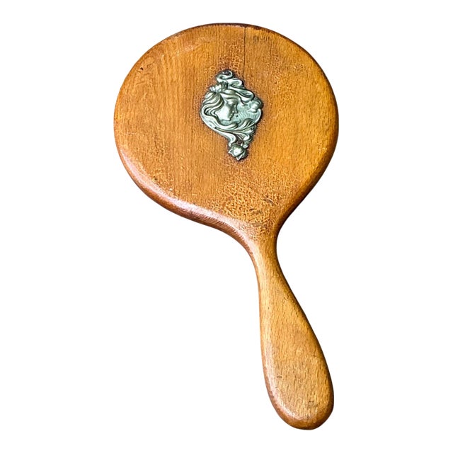 Vintage Art Nouveau Carved Wood Handheld Mirror For Sale