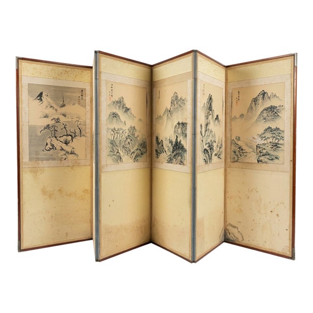 Enchanting Japanese Byobu Meiji Period Hand Painted Folding Screen Late 19th Century For Sale