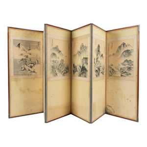 Enchanting Japanese Byobu Meiji Period Hand Painted Folding Screen Late 19th Century