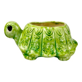 1970s Vintage Boho Chic Folk Art Whimsical Turtle Ceramic Planter For Sale
