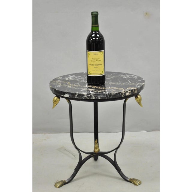 Vintage Italian Regency Round Black Marble Top Wrought Iron Tripod Base Low Drink Side Tables with Brass Swan Heads and...