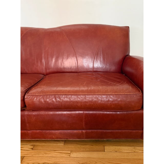 Red Vintage Ralph Lauren Style Distressed Art Deco Leather Sofa For Sale - Image 8 of 17