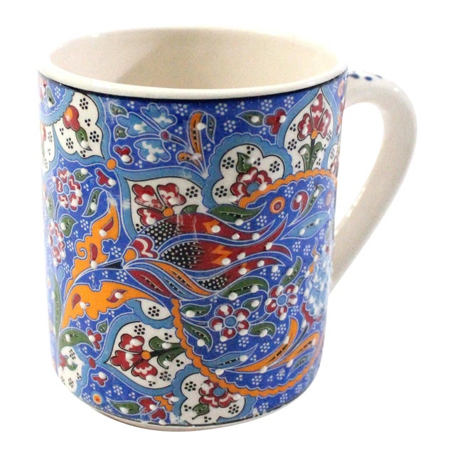 Colorful Art Floral Design Handmade Ceramic Pottery Mug Gift in Blue For Sale