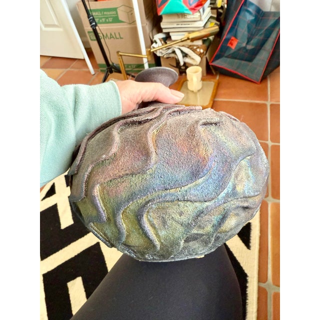 Abstract Vintage Raku Pottery 8” Tall Signed Middleton ‘90 Iridescent Weedpot Vase For Sale - Image 3 of 12