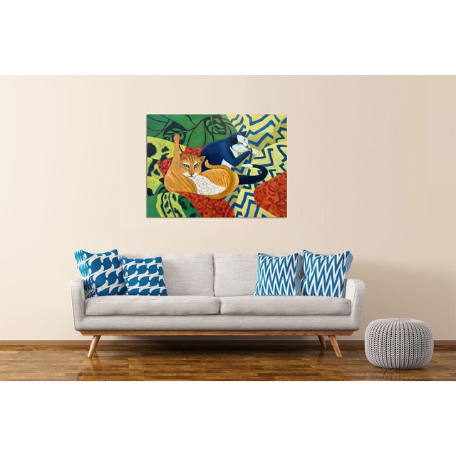 2020s Marc Zimmerman "Siesta" Oil Painting, Orange Cat at Rest, Tropical Interior, Navy Gold Zigzag Pattern, Contemporary Art West Coast For Sale - Image 5 of 6