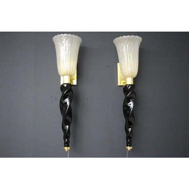 Gold and Black Murano Glass Sconces in the style of Barovier, 1990, Set of 2 For Sale - Image 14 of 17