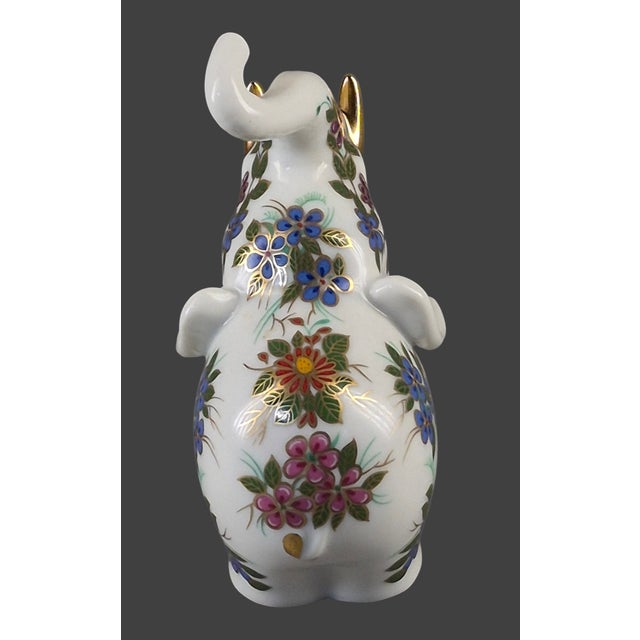 Late 20th Century Vintage Lucky Elephant Figurine Hand Painted Floral Gilded Porcelain For Sale - Image 5 of 8