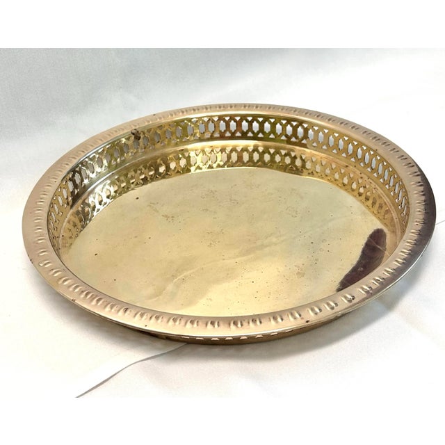 Metal Vintage Brass Filigree Serving Tray Round Moorish Style Brass Tray For Sale - Image 7 of 8