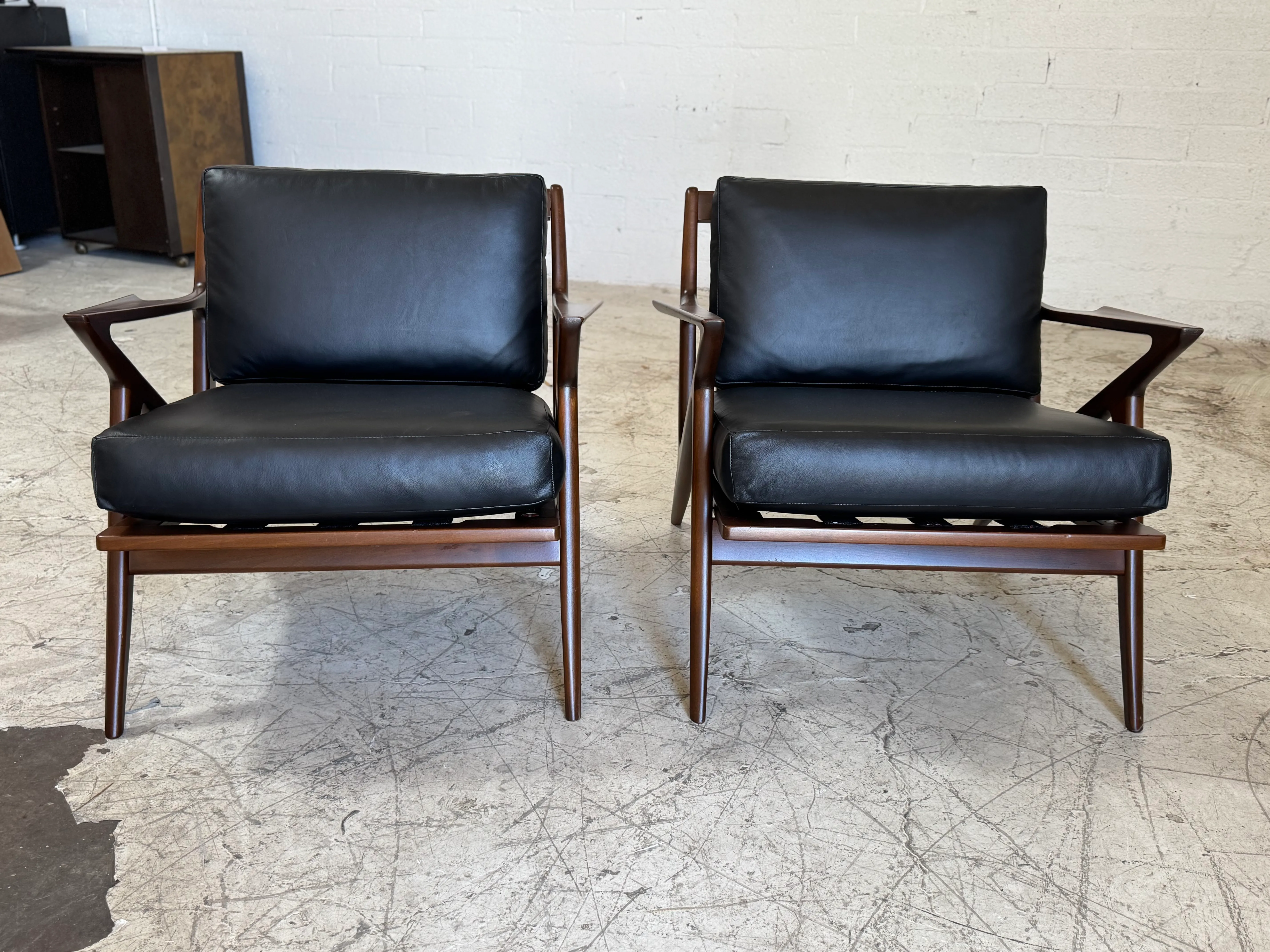 Danish Modern Walnut and Black Leather Lounge Z Chairs by Poul