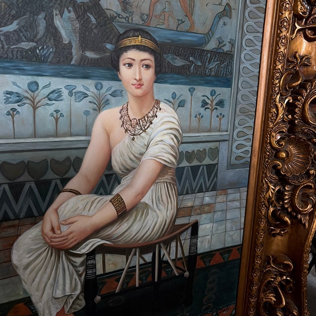 1960s Grand Scale Orientalist Seated Egyptian Woman Painting in Ornate Baroque Gilt Frame For Sale - Image 4 of 12