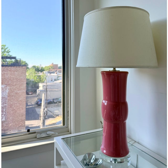 Ethan Allen Ethan Allen Pink Glass Table Lamps With Acrylic Bases - A Pair For Sale - Image 4 of 8