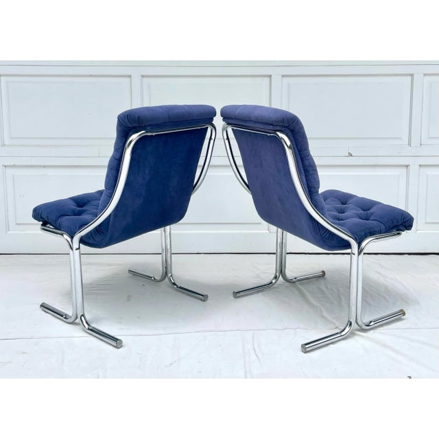 Pair of 1970's Blue Tufted Modern Chrome Lounge Side Chairs For Sale - Image 10 of 12