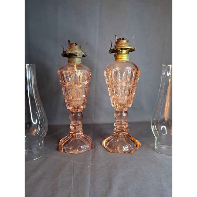 Vintage Pink Pressed Glass Kerosene Table Lamps - Matching Pair With Chimneys For Sale - Image 4 of 13