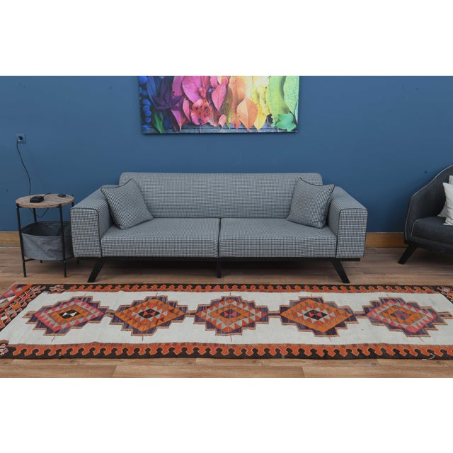 Textile 1970s Vintage Turkish Handmade Wool Cotton Cream Orange Runner Rug For Sale - Image 7 of 11
