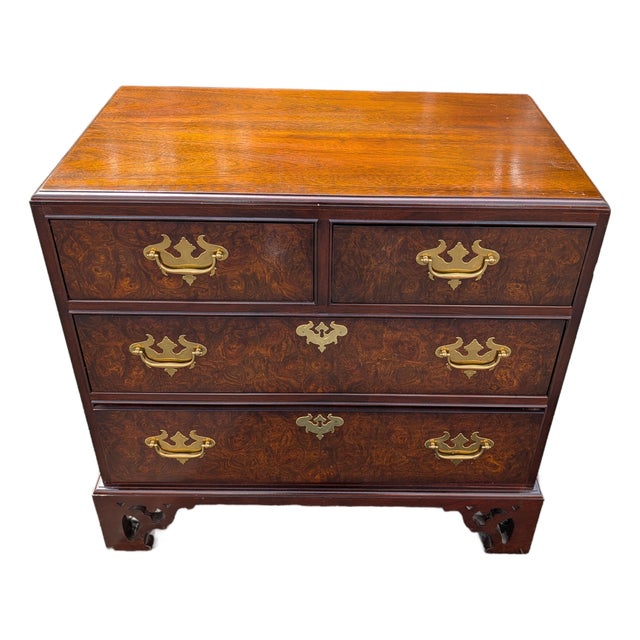Vintage Georgian Style Burl Walnut Chest of Drawers For Sale