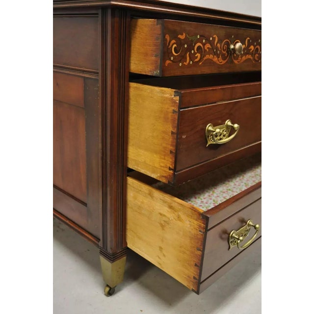 Late 19th Century Antique Herts Brothers Edwardian Bronze & Satinwood Inlay Mahogany Chest Dresser For Sale - Image 5 of 12