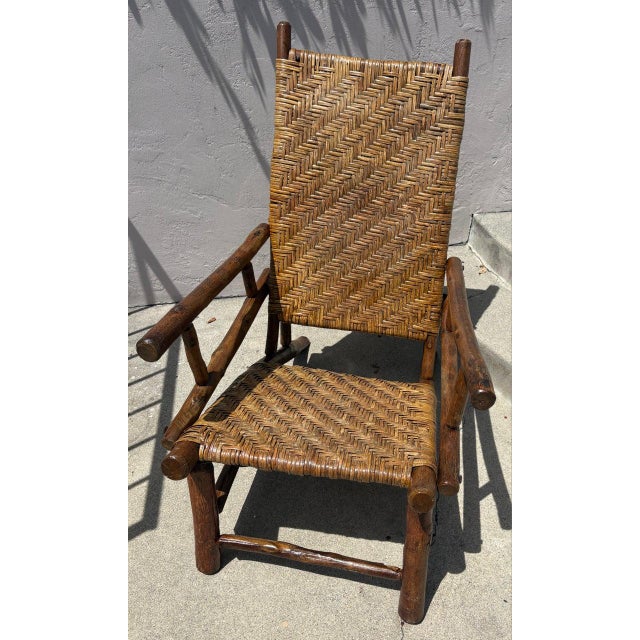 36 x 46 x 26 seat height 16 Original Rattan seat and backing. Sits comfortably. Great size for a hickory lounge chair.