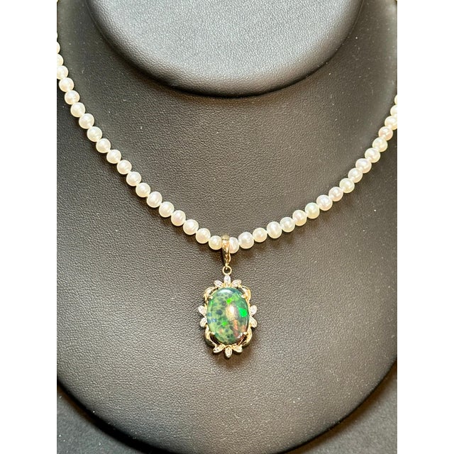 4 Ct Oval Shape Black Australian Opal & Diamond 14 K Yellow Gold Pearl Necklace For Sale - Image 17 of 18