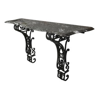 Mid 20th Century Rococo Wrought Iron Wall Mount Console With Black Marble Top For Sale