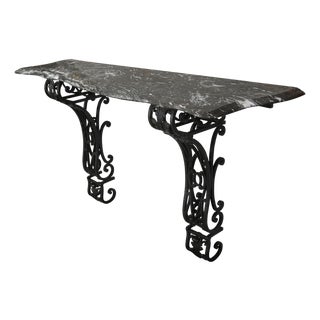 Rococo Wrought Iron Wall Mount Console With Black Marble Top For Sale